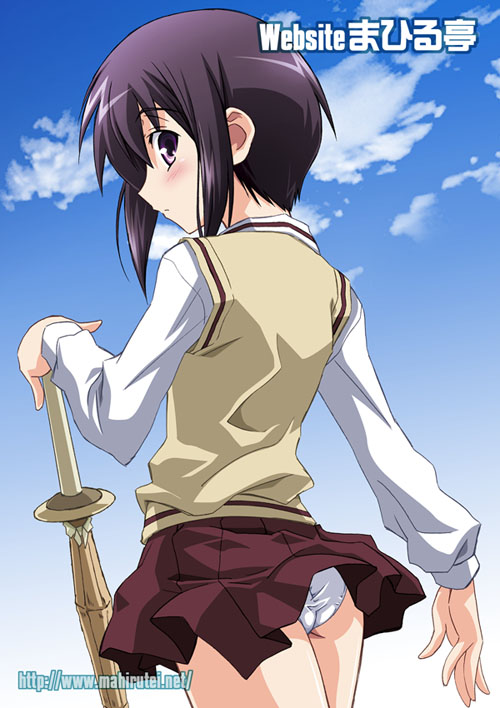 izumi mahiru, kawazoe tamaki, bamboo blade, 00s, 1girl, ass, black hair, blush, clothes lift, cloud, day, female focus, from behind, looking back, outdoors, panties, pantyshot, pleated skirt, profile, purple eyes, school uniform, serafuku, shinai, short hair, skirt, skirt lift, sky, solo, sword, underwear, watermark, weapon, white panties, wind, wind lift