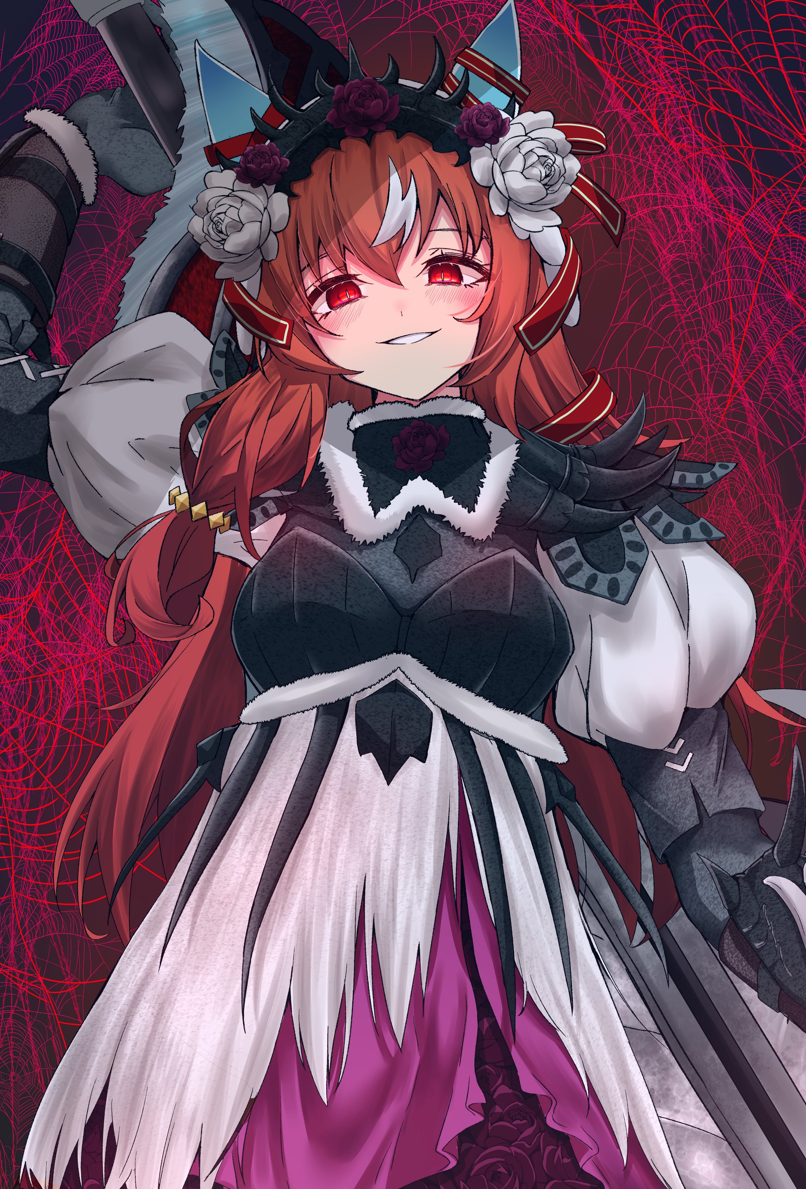 amaxa, still in love (umamusume), monster hunter (series), monster hunter wilds, absurdres, highres, 1girl, animal ears, brown hair, cowboy shot, gloves, grey gloves, grin, holding, holding weapon, horse ears, horse girl, lala barina (armor), light blush, long hair, looking at viewer, red background, red eyes, smile, solo, spider web background, weapon