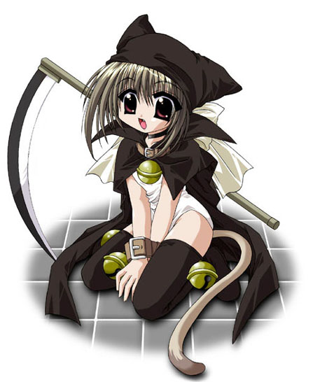 nekoneko, death (entity), animal ears, animal hat, bell, cape, cat ears, cat hat, collar, hat, jingle bell, neck bell, red eyes, scythe, thighhighs