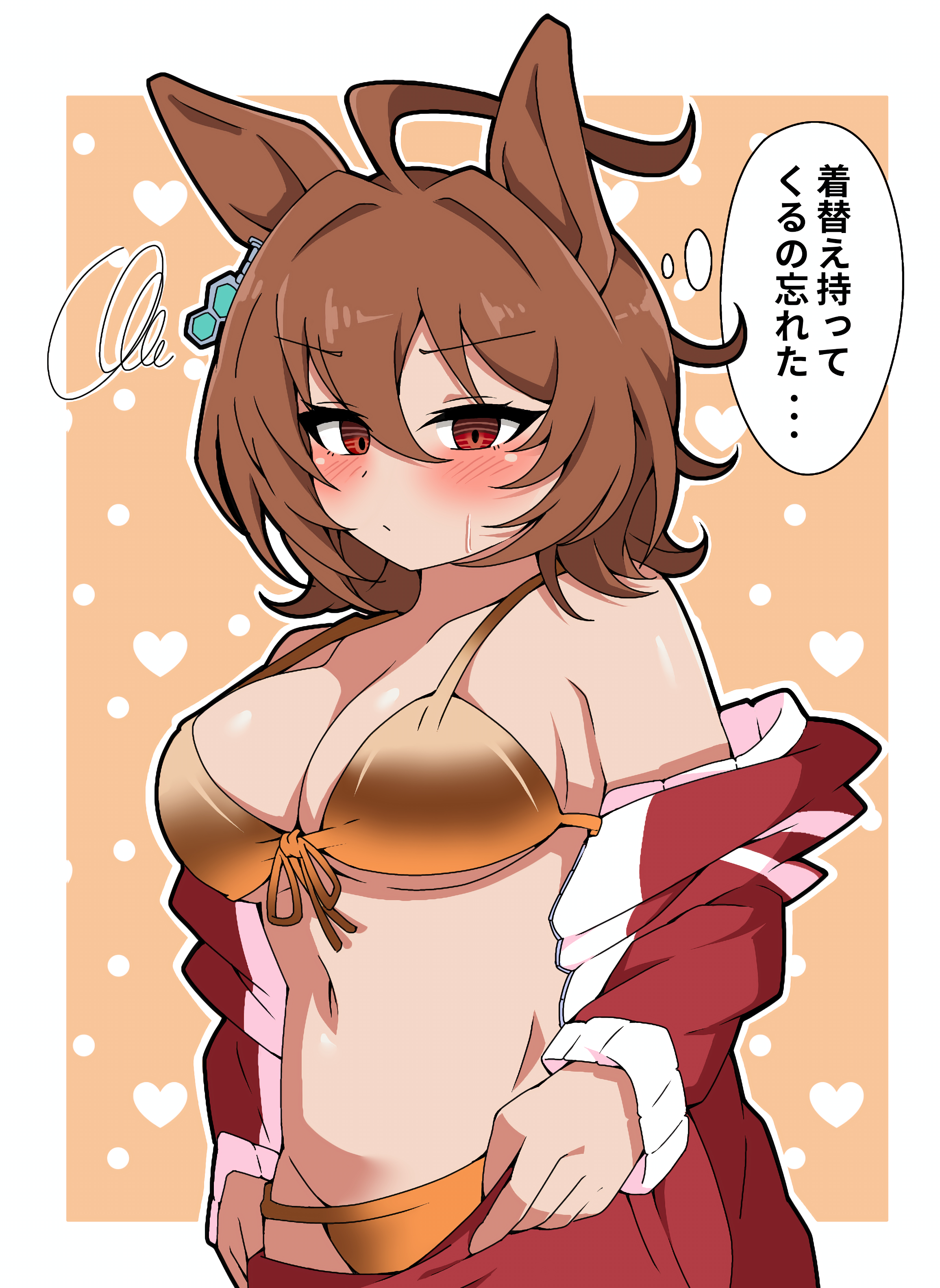 ken725011186, agnes tachyon (umamusume), umamusume, absurdres, commentary request, highres, translation request, 1girl, ahoge, animal ears, bikini, bikini under clothes, breasts, brown hair, front-tie bikini top, front-tie top, gold bikini, horse ears, horse girl, jacket, large breasts, looking at viewer, navel, open clothes, open jacket, pants, red eyes, red jacket, red pants, short hair, solo, swimsuit, tracen training uniform, track jacket, undressing