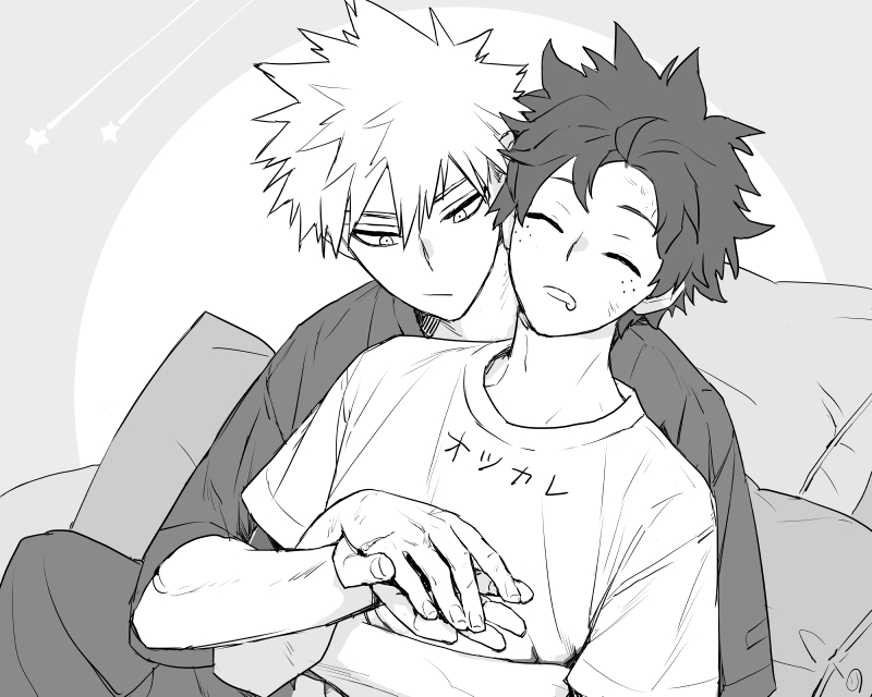 11mtri, bakugou katsuki, midoriya izuku, boku no hero academia, translation request, 2boys, :/, closed mouth, crew neck, drooling, freckles, hair between eyes, holding hands, leaning back, looking down, male focus, multiple boys, pants, pillow, scar, scar on face, shirt, short hair, sitting, sleeping, spiked hair, star (symbol), yaoi