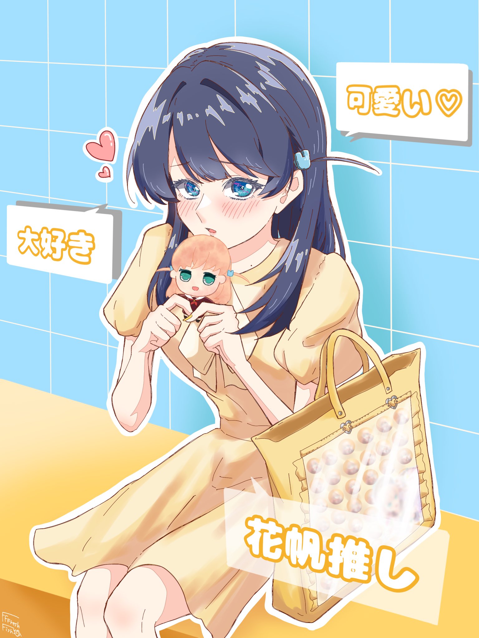 freshfish, hinoshita kaho, murano sayaka, link! like! love live!, love live!, commentary request, highres, translation request, 1girl, alternate costume, blue background, blue eyes, blue hair, blush, borrowed hairstyle, character doll, doll, dress, feet out of frame, grid background, hair ornament, hasu no sora school uniform, holding, holding doll, itabag, kyurumaru, looking at viewer, medium dress, mole, mole on neck, oshi-katsu, parted lips, puffy short sleeves, puffy sleeves, rabbit hair ornament, school uniform, short sleeves, sitting, solo, speech bubble, two side up, virtual youtuber, winter uniform, yellow bag, yellow dress