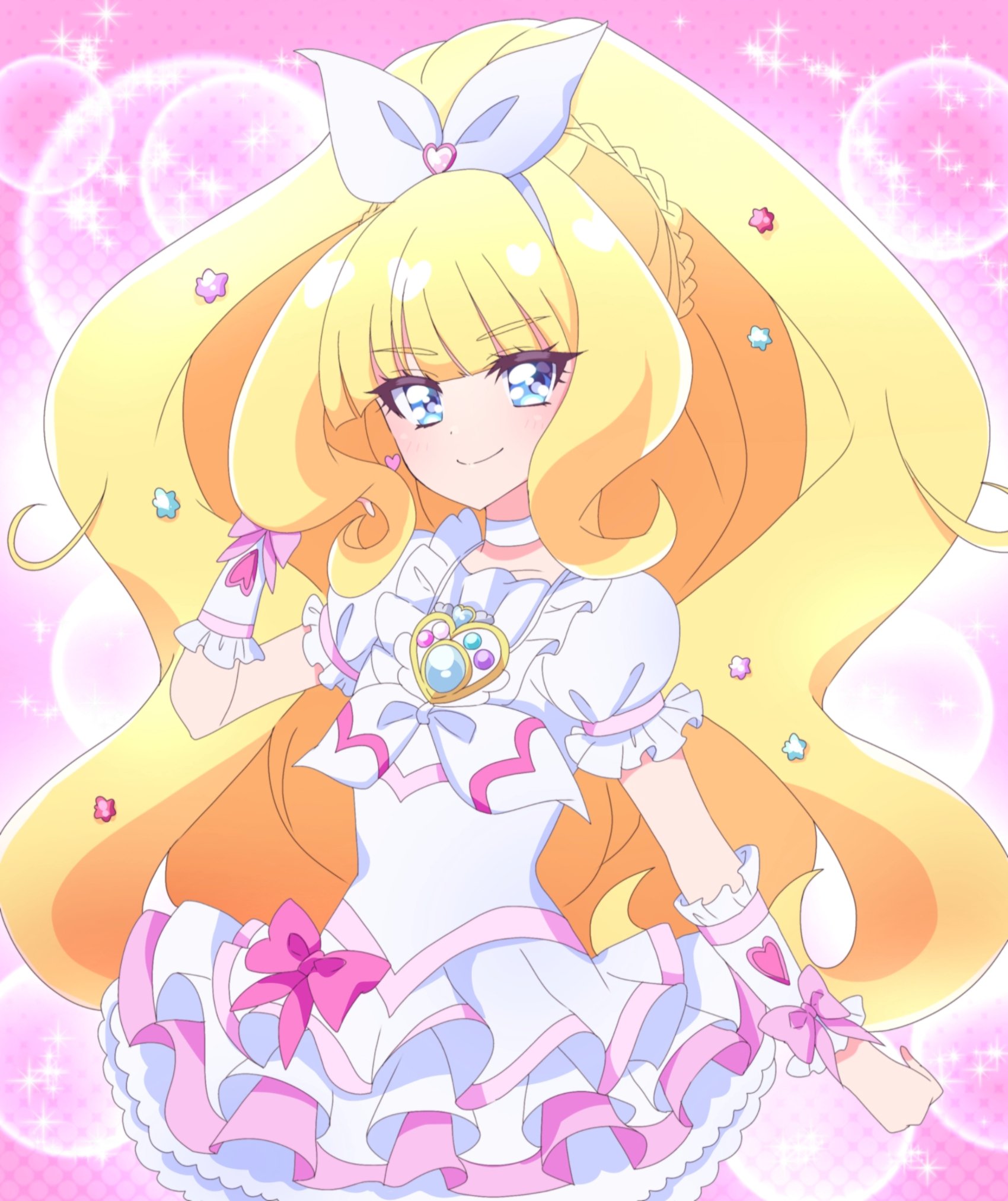 matatabi hibiki, cure finale, cure rhythm, kasai amane, delicious party precure, precure, suite precure, highres, 1girl, blonde hair, blue eyes, blunt bangs, bow, braid, choker, closed mouth, cosplay, cure rhythm (cosplay), dress, earrings, frilled dress, frilled sleeves, frilled wrist cuffs, frills, hair bow, hair ornament, heart, heart earrings, jewelry, layered dress, long hair, looking at viewer, magical girl, pink bow, puffy short sleeves, puffy sleeves, short sleeves, smile, sparkle, star (symbol), star hair ornament, wavy hair, white bow, white choker, white dress, white wrist cuffs, wrist cuffs