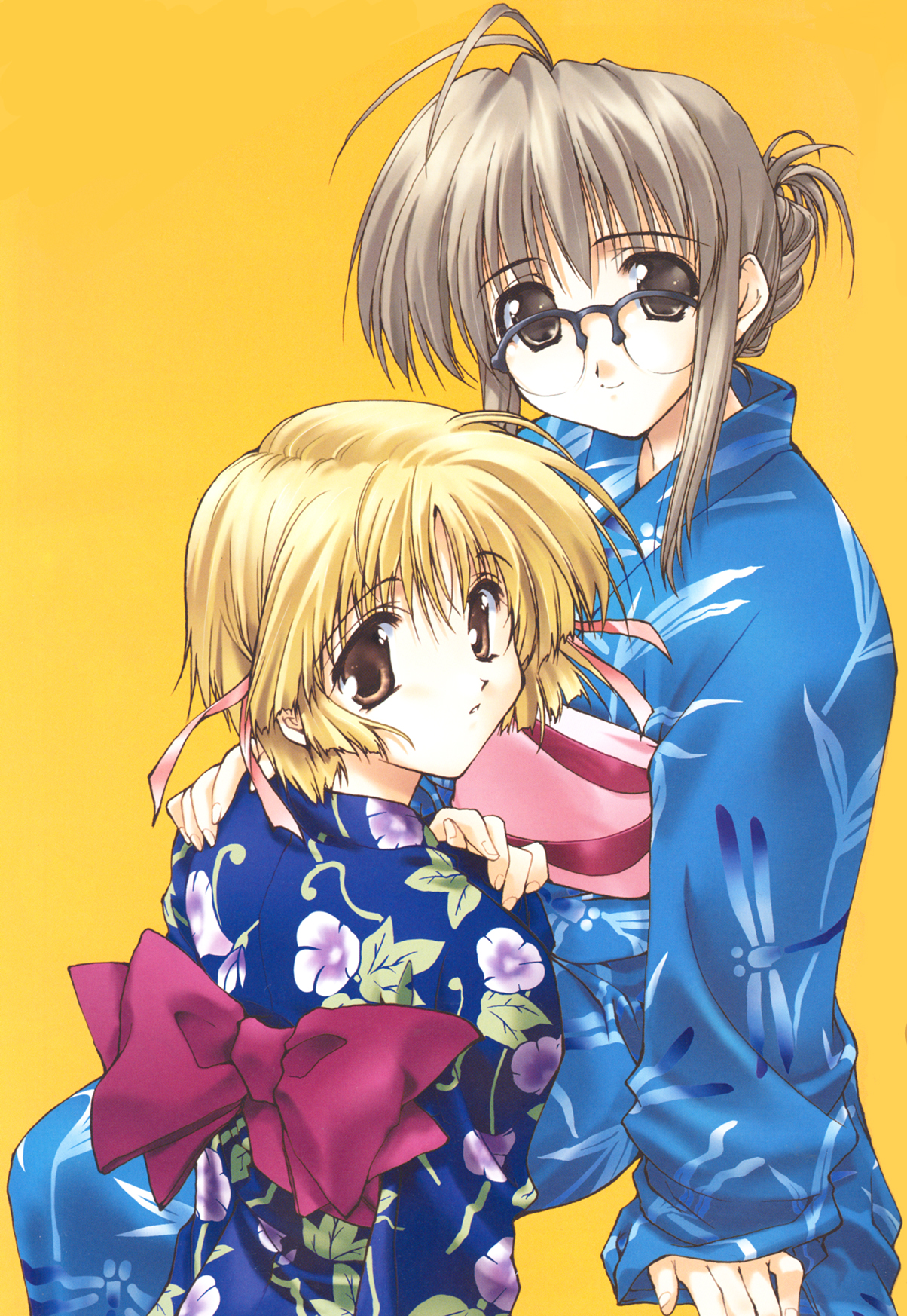 makimura minami, tsukamoto chisa, comic party, highres, 00s, 2girls, :o, animal print, antenna hair, arm support, black-framed eyewear, blonde hair, blue kimono, bow, brown eyes, brown hair, bug, dragonfly, fingernails, floral print, folded ponytail, from behind, glasses, hair ribbon, hand on another's shoulder, head tilt, insect, japanese clothes, kimono, looking at viewer, looking back, multiple girls, obi, orange background, over-rim eyewear, parted lips, ribbon, sash, semi-rimless eyewear, sidelocks, simple background, sitting, smile, yukata