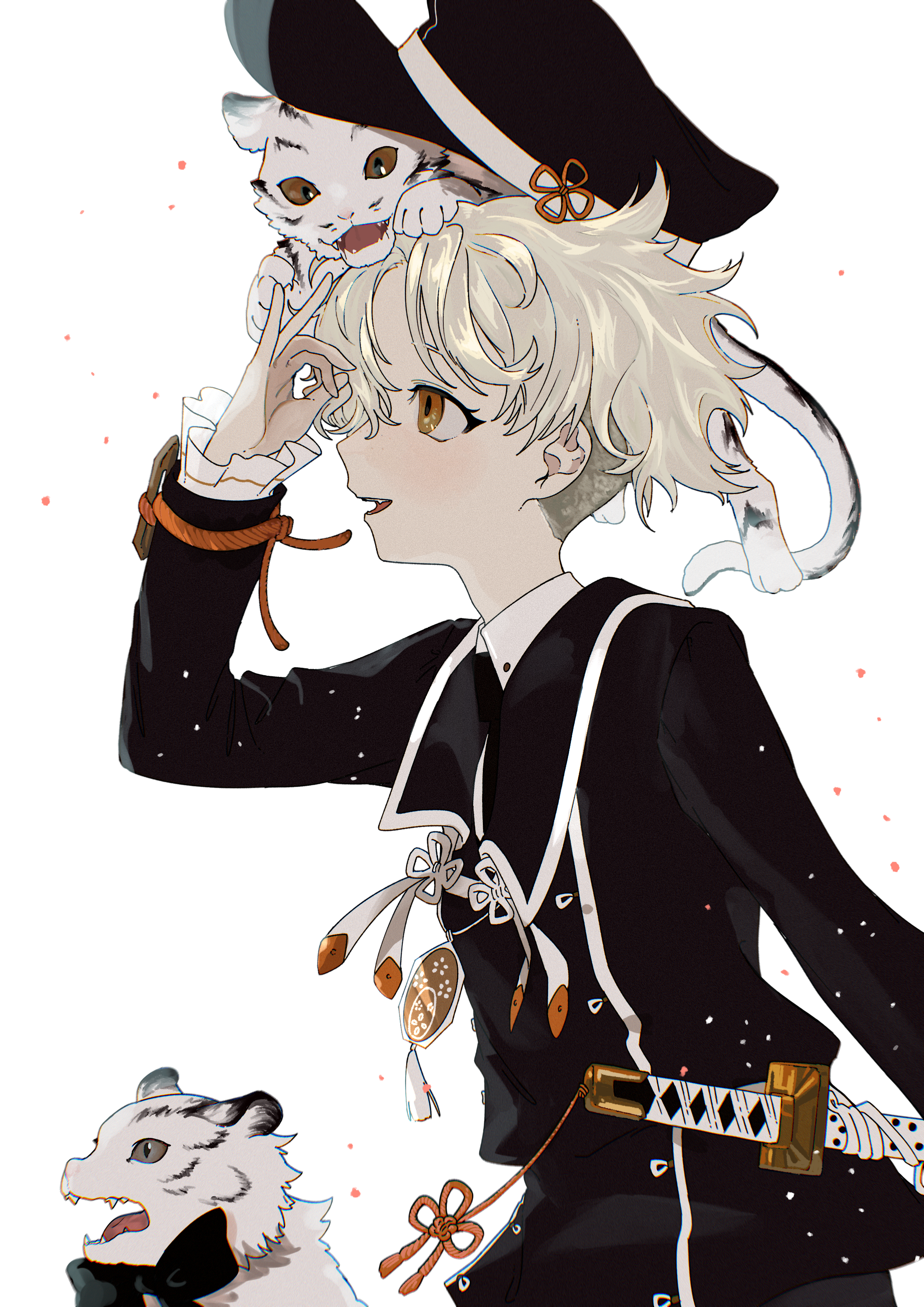 igurumi 00128, gokotai, gokotai's tigers, touken ranbu, absurdres, highres, 1boy, animal, animal on head, black shirt, from side, hat, male focus, on head, open mouth, orange eyes, peaked cap, shirt, short hair, simple background, tiger, white background, white tiger