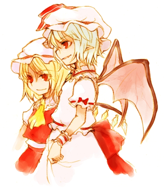 takishima asaka, flandre scarlet, remilia scarlet, touhou, 2girls, bat wings, blouse, collared shirt, female focus, from side, hat, mob cap, multiple girls, pointy ears, shirt, siblings, sisters, white shirt, wings