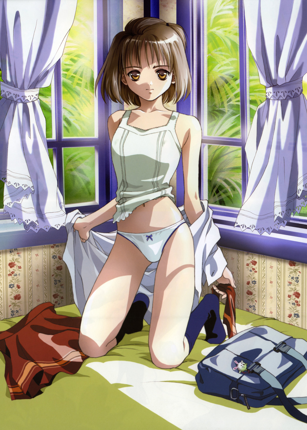 rin-sin, kameyama hitomi, shin seiki inma seiden, highres, official art, 00s, 1girl, backpack, bag, bed, bedroom, black socks, bow, bow panties, brown eyes, brown hair, brown skirt, camisole, female focus, kneeling, lingerie, panties, randoseru, school uniform, serafuku, shadow, short hair, skirt, socks, solo, tank top, thighs, underwear, undressing, unworn skirt, window