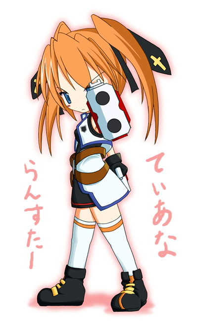 sch, cross mirage, teana lanster, lyrical nanoha, mahou shoujo lyrical nanoha, mahou shoujo lyrical nanoha strikers, translated, 00s, 1girl, aiming, aiming at viewer, chibi, dual wielding, female focus, gun, holding, solo, thighhighs, weapon
