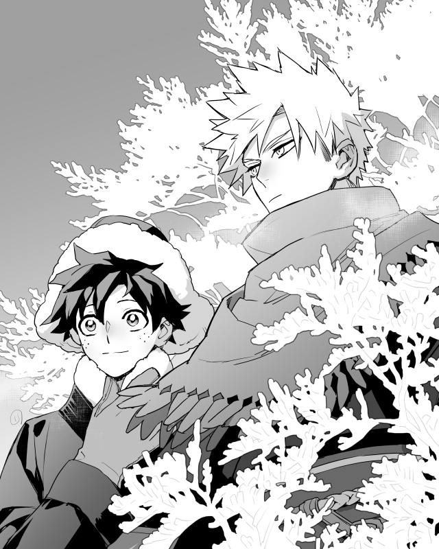 11mtri, bakugou katsuki, midoriya izuku, boku no hero academia, commentary request, 2boys, arm up, closed mouth, coat, freckles, fur-trimmed collar, fur-trimmed headwear, fur trim, gloves, greyscale, hat, light smile, looking to the side, male focus, monochrome, multiple boys, official alternate costume, outdoors, parted bangs, scarf, sleeve cuffs, tree, winter clothes