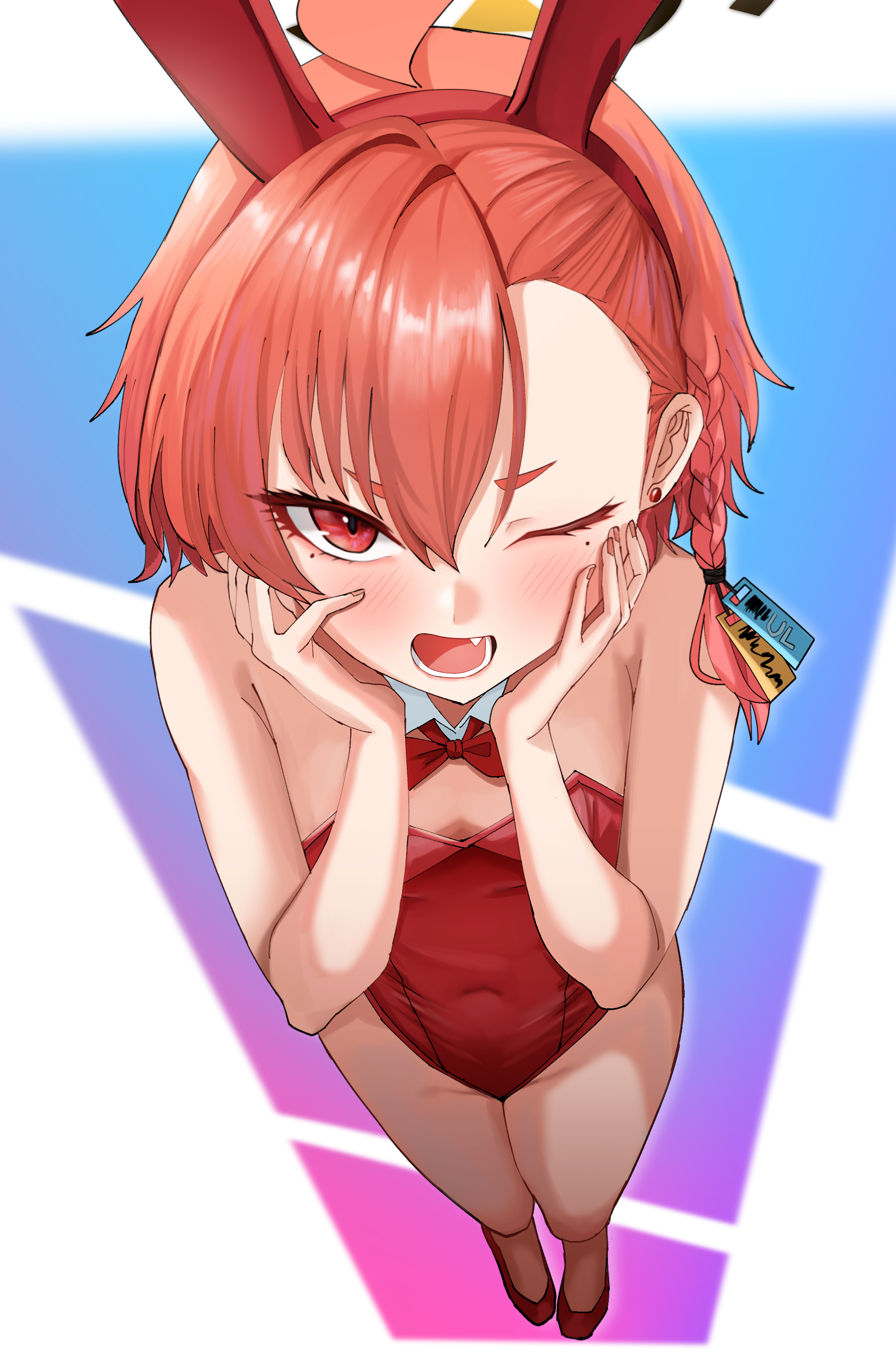 taeman, neru (blue archive), neru (bunny) (blue archive), blue archive, absurdres, highres, 1girl, animal ear hairband, animal ears, bare arms, bare shoulders, blush, bow, bowtie, braid, detached collar, earrings, fake animal ears, fang, hair between eyes, hairband, hands on own face, highleg, highleg leotard, jewelry, leotard, looking at viewer, lower teeth only, mole, mole under eye, official alternate costume, one eye closed, open mouth, playboy bunny, rabbit ear hairband, rabbit ears, red bow, red bowtie, red eyes, red hair, red hairband, red leotard, red shoes, shoes, short hair, single braid, solo, stud earrings, teeth