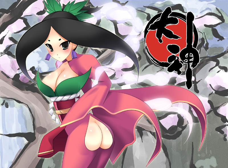 ohta yuichi, outa yuichi, sakuya (ookami), ookami (game), 1girl, ass, ass cutout, black hair, blush, breasts, butt crack, cherry blossoms, cleavage, clothing cutout, earrings, female focus, grey eyes, japanese clothes, jewelry, large breasts, leaf, long hair, long sleeves, looking back, no panties, ponytail, solo, tree, tsurime