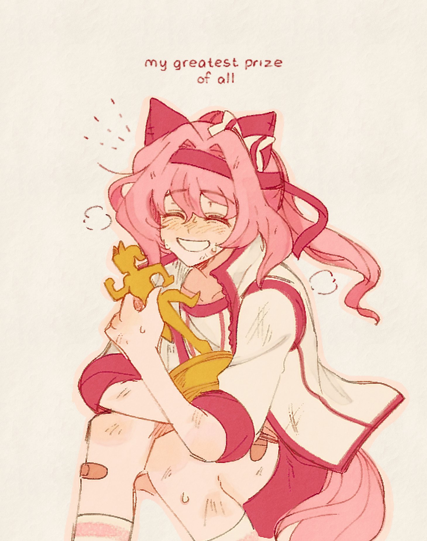 skion, haru urara (umamusume), umamusume, commentary, english commentary, highres, animal ears, bandaid, bandaid on leg, closed eyes, english text, headband, holding, holding trophy, horse ears, horse girl, horse tail, pink hair, red headband, smile, tail, trophy