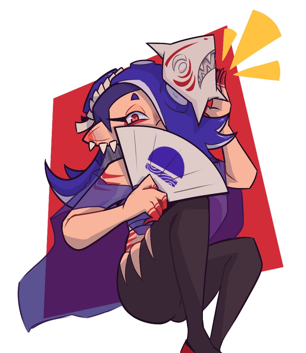 shiver (deep cut outfit) (splatoon), shiver (splatoon), nintendo, splatoon (series), splatoon 3, 1girl, blue hair, capelet, chest sarashi, eyeliner, folding fan, hair over one eye, hand fan, looking at viewer, makeup, mask, mask on head, octoling, pants, paper fan, red eyes, sarashi, sitting, solo, tentacle hair, torn clothes, torn pants