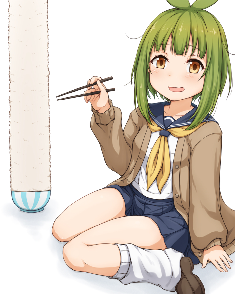 haty, bashame meme, shikanoko nokonoko koshitantan, 1girl, blue sailor collar, blue skirt, brown shoes, brown sweater, female focus, full body, green hair, medium hair, neckerchief, open sweater, orange eyes, rice, sailor collar, school uniform, shirt, shoes, simple background, sitting, skirt, socks, solo, sweater, wariza, white background, white shirt, white socks, yellow neckerchief
