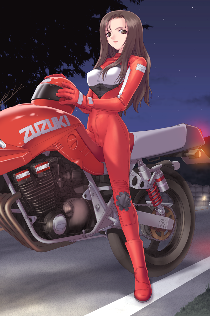 tony taka, mikkaichi saori, after (game), suzuki motor corporation, vehicle, game cg, highres, 00s, 1girl, biker clothes, bikesuit, black hair, bodysuit, brand name imitation, breasts, brown eyes, brown hair, cameltoe, covered erect nipples, female focus, gloves, helmet, long hair, medium breasts, motor vehicle, motorcycle, night, outdoors, sky, smile, solo, straddling