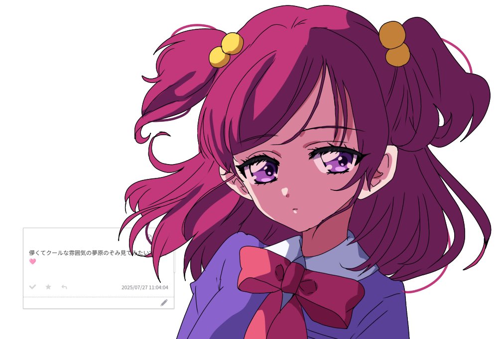 matatabi hibiki, yumehara nozomi, precure, yes! precure 5, translation request, 1girl, bow, closed mouth, collared shirt, dot nose, jacket, l'ecole des cinq lumieres school uniform, looking at viewer, pink hair, purple eyes, purple jacket, red bow, school uniform, shirt, short hair, solo, two side up, white background, white shirt