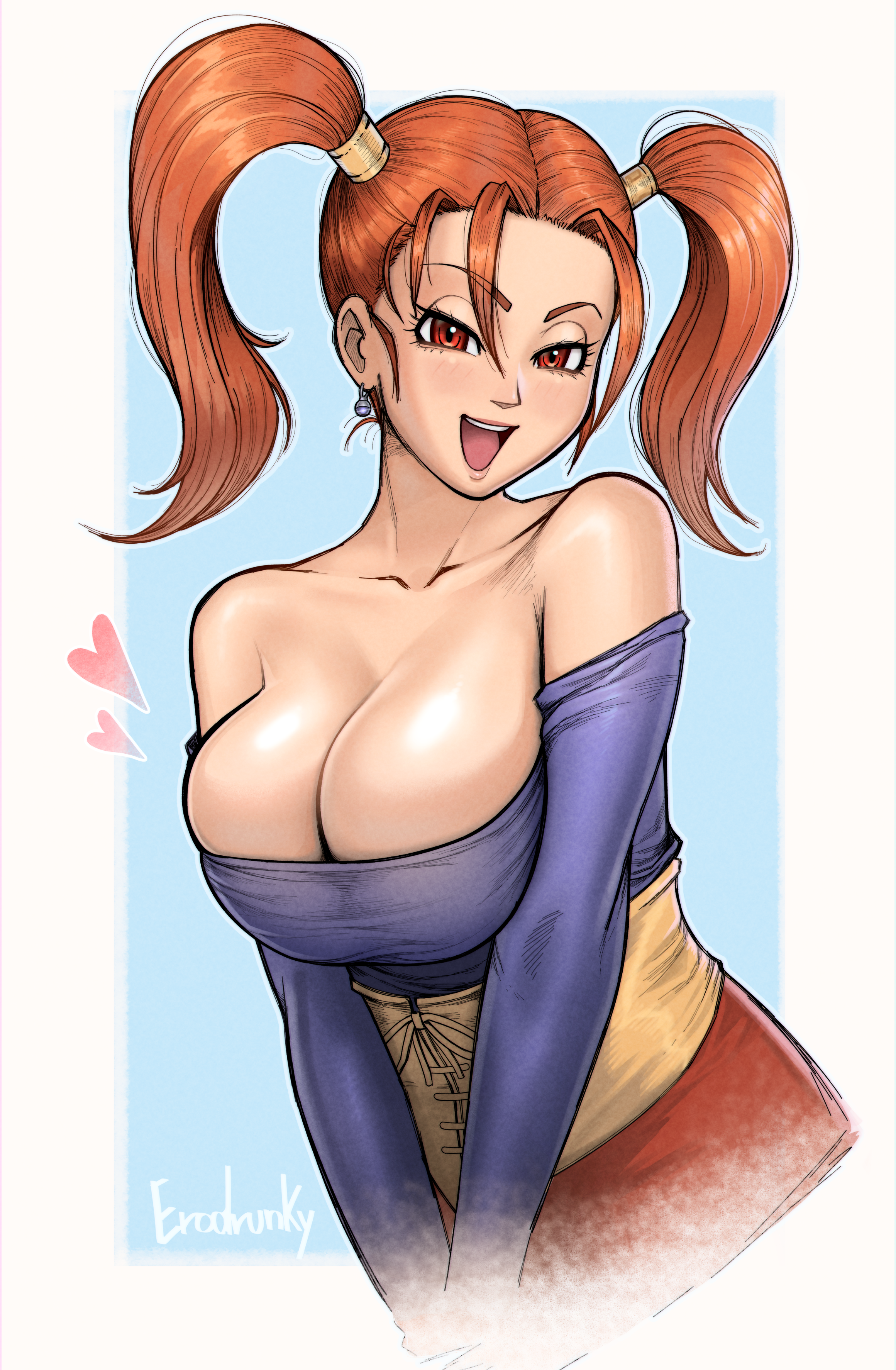 erodrunky, jessica albert, dragon quest, dragon quest viii, absurdres, highres, 1girl, :d, artist name, bare shoulders, breasts, cleavage, collarbone, corset, cropped torso, earrings, heart, jewelry, large breasts, looking at viewer, off-shoulder shirt, off shoulder, open mouth, orange hair, red eyes, shirt, smile, solo, twintails, upper body