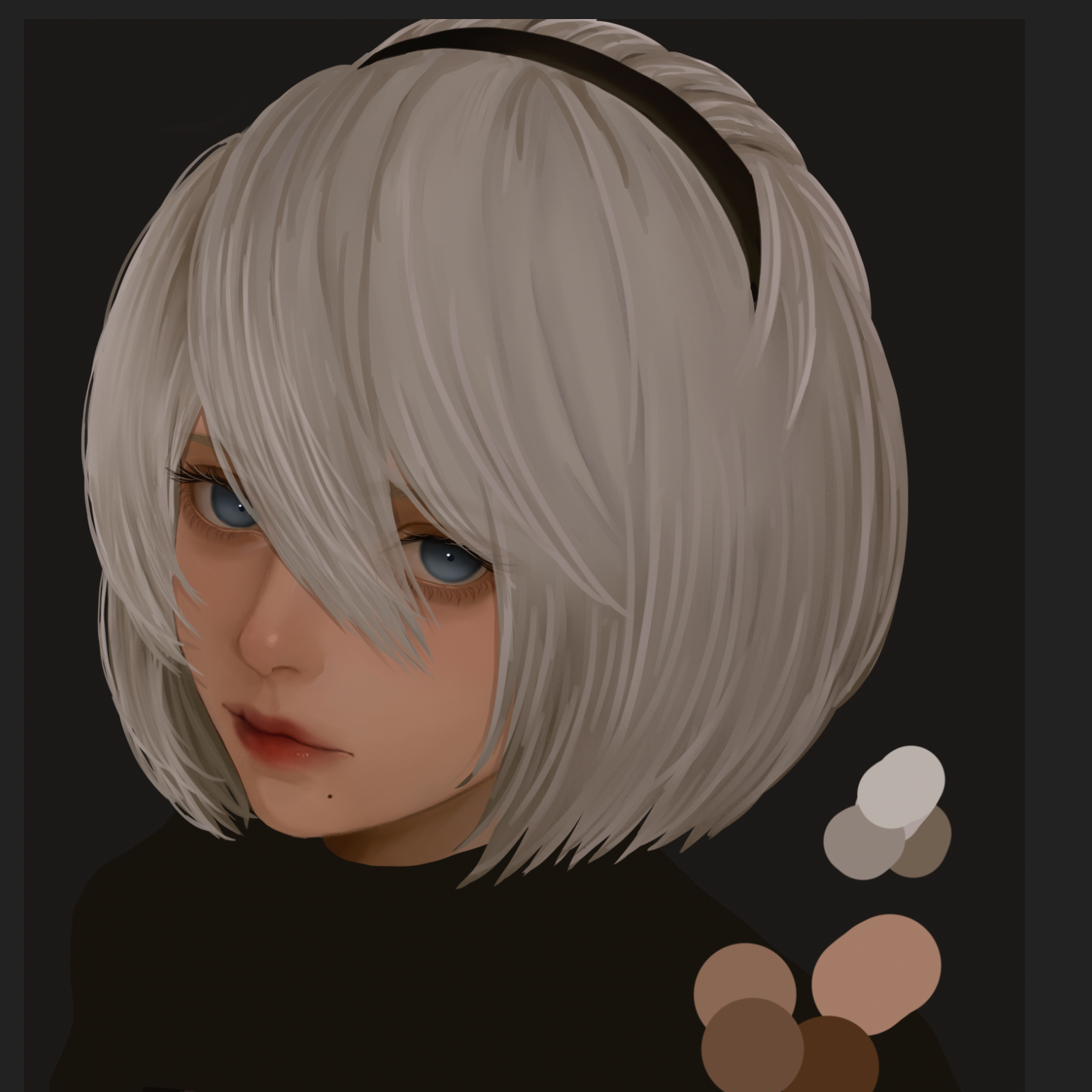mitsuki nite, 2b (nier:automata), nier:automata, nier (series), chinese commentary, commentary, highres, 1girl, black background, black hairband, blue eyes, border, closed mouth, color guide, grey border, grey hair, hair between eyes, hairband, lipstick, looking at viewer, makeup, mole, mole under mouth, no blindfold, portrait, red lips, short hair, solo