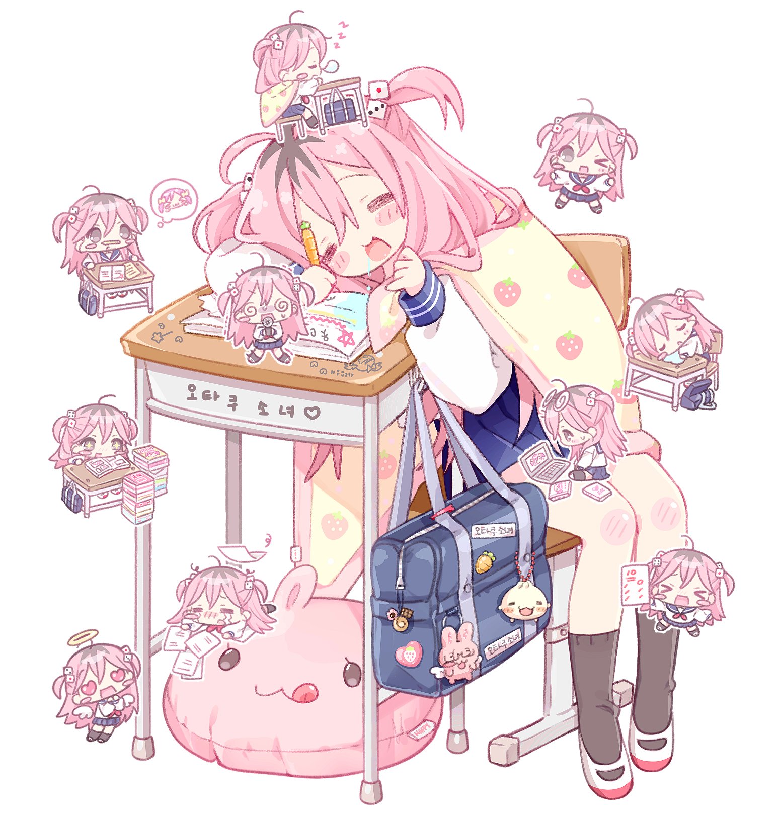 mipi (u3u 00), original, commentary, highres, symbol-only commentary, 1girl, bag, bag charm, black socks, blanket, blue skirt, blush, chair, charm (object), chibi, chibi inset, closed eyes, desk, drooling, full body, long hair, long sleeves, notebook, open mouth, pink hair, pleated skirt, school bag, school chair, school desk, school uniform, serafuku, shirt, shoes, simple background, skirt, sleeping, socks, two side up, uwabaki, white background, white shirt