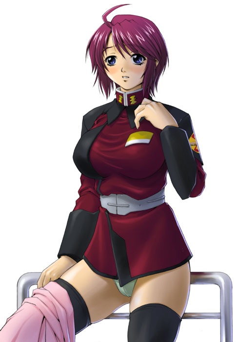 fumizuki misoka, lunamaria hawke, gundam, gundam seed, gundam seed destiny, 00s, 1girl, ahoge, belt, black thighhighs, blue eyes, blush, breasts, clothes pull, female focus, green panties, large breasts, military, military uniform, panties, purple hair, red hair, short hair, skirt, skirt pull, solo, thighhighs, underwear