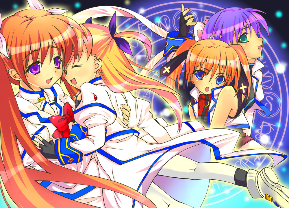 yu yu, subaru nakajima, takamachi nanoha, teana lanster, vivio, lyrical nanoha, mahou shoujo lyrical nanoha, mahou shoujo lyrical nanoha strikers, 00s, 4girls, blonde hair, blue eyes, blue hair, bow, brown hair, closed eyes, fingerless gloves, gloves, green eyes, headband, hug, jacket, long hair, magic circle, magical girl, multiple girls, open clothes, open jacket, open mouth, orange hair, purple eyes, purple hair, red bow, red hair, short hair, smile, twintails