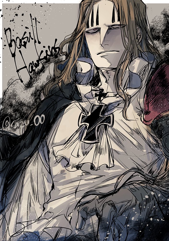 sazu 00, basil hawkins, one piece, commentary, symbol-only commentary, 1boy, ascot, blonde hair, cape, character name, closed mouth, facial mark, long hair, looking to the side, male focus, shirt, solo, twitter username, upper body, white shirt