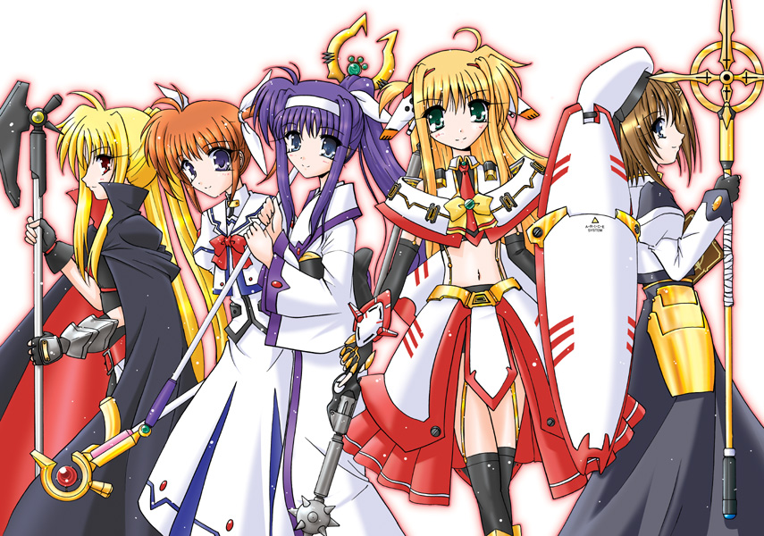 arisa bunnings, bardiche (nanoha), burning arisa, fate testarossa, raising heart, schwertkreuz, takamachi nanoha, tome of the night sky, tsukimura suzuka, yagami hayate, lyrical nanoha, mahou shoujo lyrical nanoha, mahou shoujo lyrical nanoha a's, 00s, 5girls, bad anatomy, belt, blonde hair, blue eyes, bow, brown hair, cape, fingerless gloves, gloves, hair ornament, hat, magazine (weapon), magical girl, multiple girls, poorly drawn, purple eyes, purple hair, red bow, red eyes, red hair, shield, side ponytail, thighhighs, twintails, waist cape, x hair ornament, yellow bow