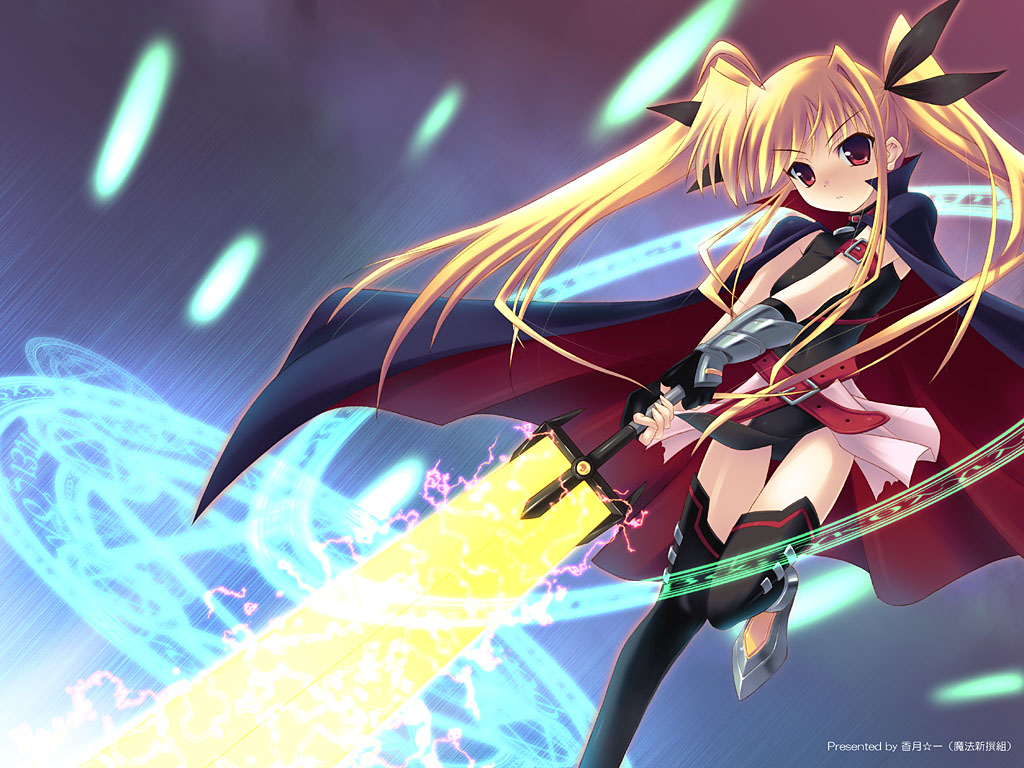bardiche (nanoha), bardiche (zanber form) (nanoha), fate testarossa, fate testarossa (lightning form), lyrical nanoha, mahou shoujo lyrical nanoha, mahou shoujo lyrical nanoha a's, 00s, 1girl, blonde hair, female focus, red eyes, solo, thighhighs, twintails, zettai ryouiki