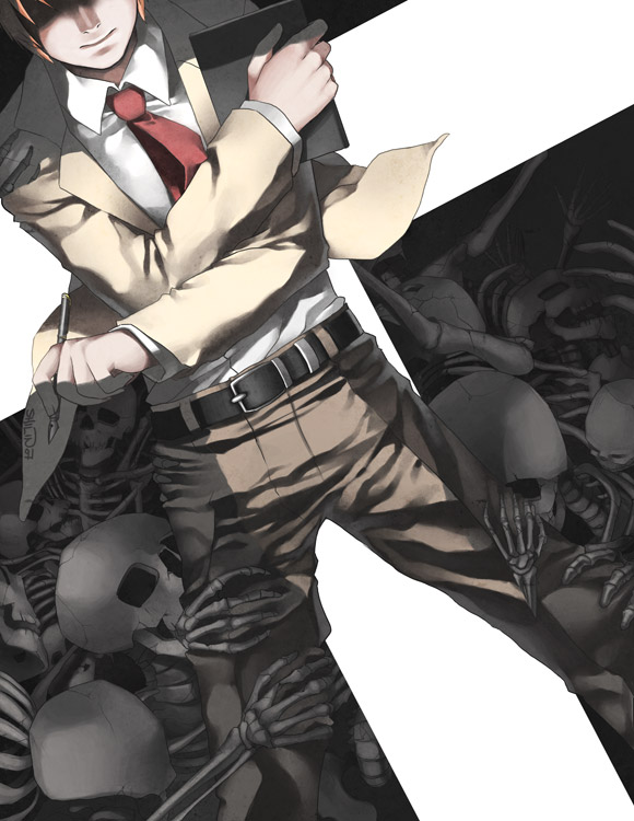 shilin, yagami light, death note, 00s, 1boy, book, male focus, skeleton, solo