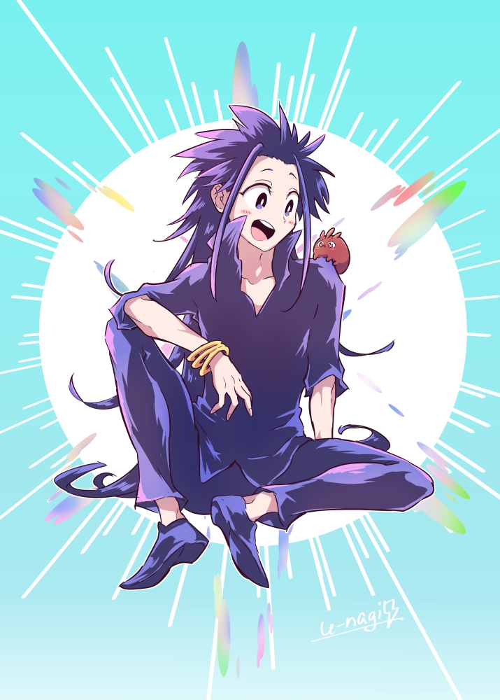 hatsu nagi den, jade (dai nana oji), tensei shitara dai nana oji datta no de: kimama ni majutsu o kiwamemasu, 1boy, 1other, aqua background, black eyes, black hair, black pants, black shirt, flashing, long hair, looking at another, open mouth, pants, shirt, shoes, signature, sitting, smile, very long hair