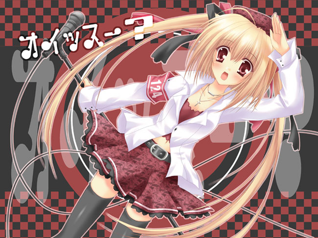 takano yuki (allegro mistic), original, armband, blonde hair, microphone, midriff, red eyes, skirt, thighhighs, twintails, zettai ryouiki