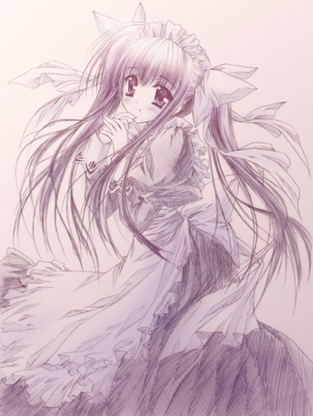 takano yuki (allegro mistic), original, 1girl, dress, female focus, maid, monochrome, pink theme, solo, twintails