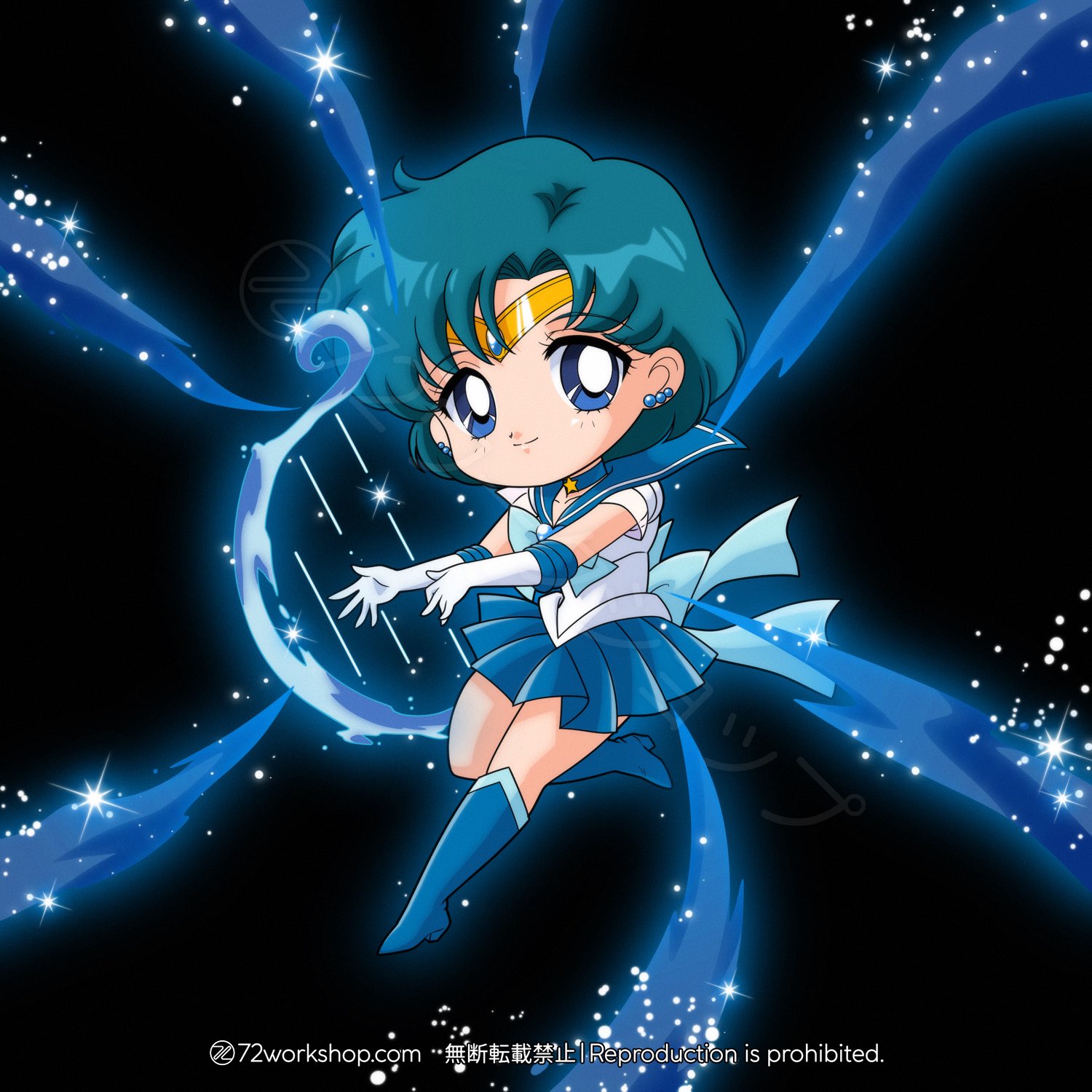 mizuno ami, sailor mercury, super sailor mercury, 72workshop, bishoujo senshi sailor moon, bishoujo senshi sailor moon supers, highres, 1girl, back bow, blue choker, blue eyes, blue hair, blue sailor collar, blue skirt, bow, brooch, chibi, choker, earrings, elbow gloves, gloves, heart, heart brooch, jewelry, mercury harp, sailor collar, sailor senshi uniform, short hair, skirt, smile, star (symbol), star choker, white gloves