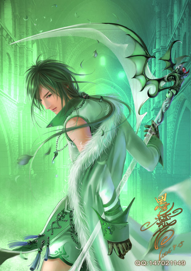 heise, original, 1boy, fantasy, green theme, male focus, scythe, solo