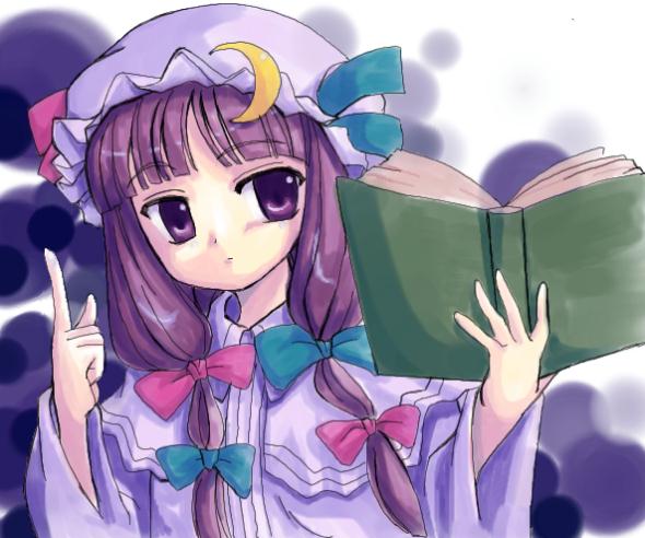tilm, patchouli knowledge, touhou, 1girl, :o, blunt bangs, blush, book, bow, crescent, crescent hair ornament, female focus, hair ornament, hat, holding, holding book, index finger raised, long hair, looking at viewer, mob cap, open book, open mouth, pink bow, purple eyes, purple hair, sidelocks, solo, upper body, very long hair
