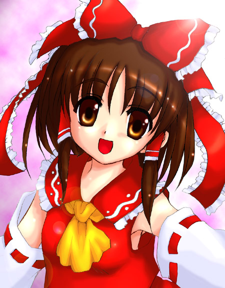 tilm, hakurei reimu, touhou, 1girl, :d, ascot, bare shoulders, brown eyes, brown hair, collar, detached sleeves, dress, female focus, long sleeves, looking at viewer, open mouth, pink background, red dress, ribbon-trimmed sleeves, ribbon trim, selfie, sidelocks, simple background, smile, solo