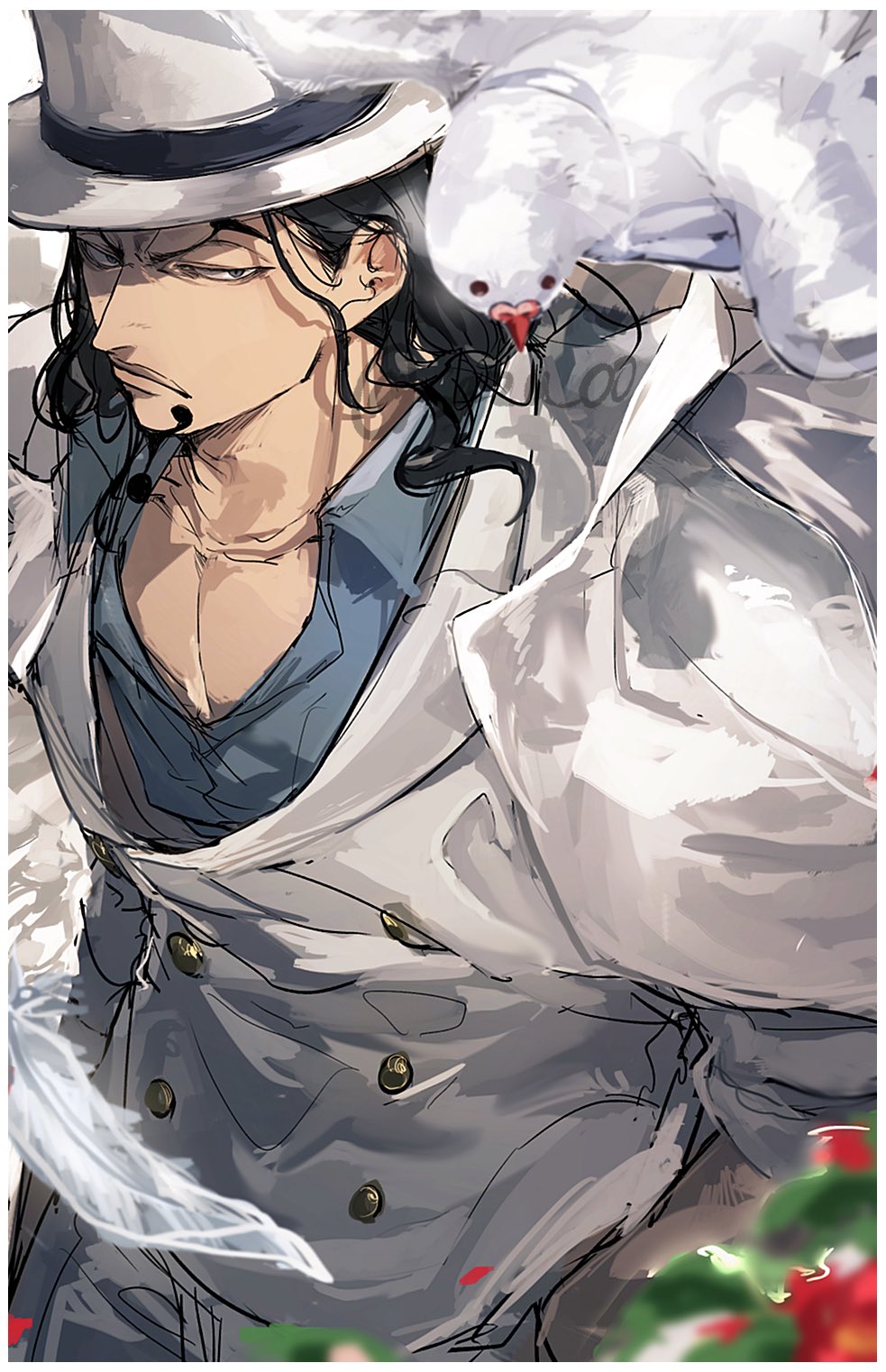 sazu 00, hattori (one piece), rob lucci, one piece, commentary, highres, symbol-only commentary, 1boy, bird, black hair, blue shirt, closed mouth, coat, coat on shoulders, facial hair, feathers, from above, goatee, hat, jacket, long hair, shirt, v-shaped eyebrows, white coat, white feathers, white hat, white jacket