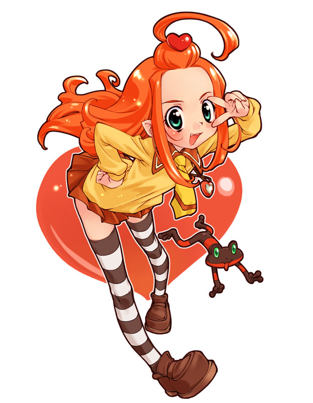 chocolat meilleure, duke (sugar sugar rune), sugar sugar rune, striped legwear, 00s, ahoge, blush, frog, green eyes, hair ornament, hand on own hip, heart, hip focus, jewelry, leaning forward, long hair, necklace, necktie, orange hair, pendant, pointy ears, shoes, skirt, striped clothes, striped thighhighs, sweater, thighhighs, topknot, v, v over eye, witch, zettai ryouiki