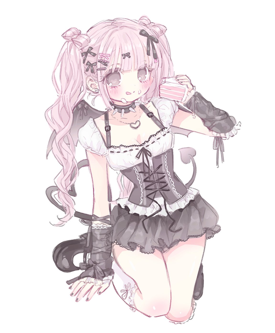 mipi (u3u 00), original, highres, 1girl, arm warmers, black arm warmers, black corset, black shoes, black skirt, bow, breasts, cake, cake slice, cleavage, collar, corset, demon tail, demon wings, food, food on face, full body, grey eyes, hair bow, hair ornament, hair ribbon, hairclip, heart, heart necklace, heart tail, holding, holding cake, holding food, jewelry, kneehighs, long hair, looking at viewer, mary janes, miniskirt, necklace, pink bow, pink hair, puffy short sleeves, puffy sleeves, ribbon, shirt, shoes, short sleeves, simple background, skirt, smile, socks, solo, spiked collar, spikes, tail, tongue, tongue out, twintails, white background, white shirt, white socks, wings