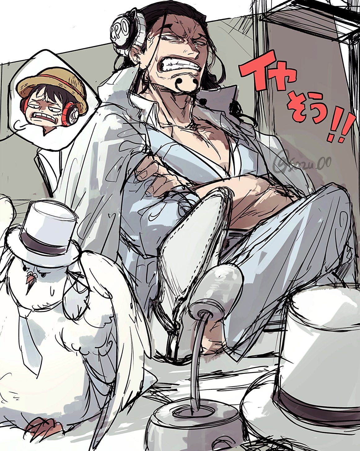 sazu 00, hattori (one piece), monkey d. luffy, rob lucci, one piece, one piece straw hat space, commentary request, highres, 2boys, angry, bird, black hair, clenched teeth, coat, coat on shoulders, crossed arms, crossed legs, facial hair, goatee, hat, headphones, microphone, multiple boys, necktie, scar, scar on face, sitting, straw hat, sweatdrop, teeth, twitter username, v-shaped eyebrows, white coat, white hat, white necktie