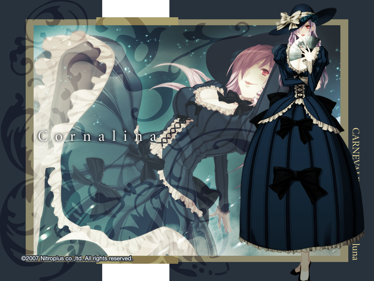 oosaki shin'ya, cornalina, gekkou no carnevale, nitroplus, 1girl, bow, breasts, cleavage, dress, female focus, folding fan, frills, hair over one eye, hand fan, hat, long hair, medium breasts, pink eyes, purple hair, solo