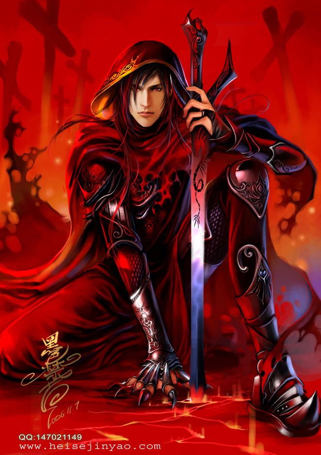 heise, original, 1boy, armor, black hair, cape, dragon, fantasy, hood, male focus, red eyes, solo, sword, tan, weapon