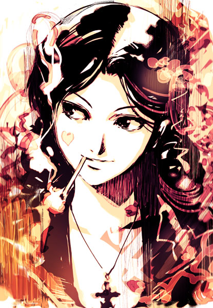 kawamura takayasu, nishimura hiroyuki, original, 1girl, cigarette, female focus, jewelry, necklace, smoking, solo