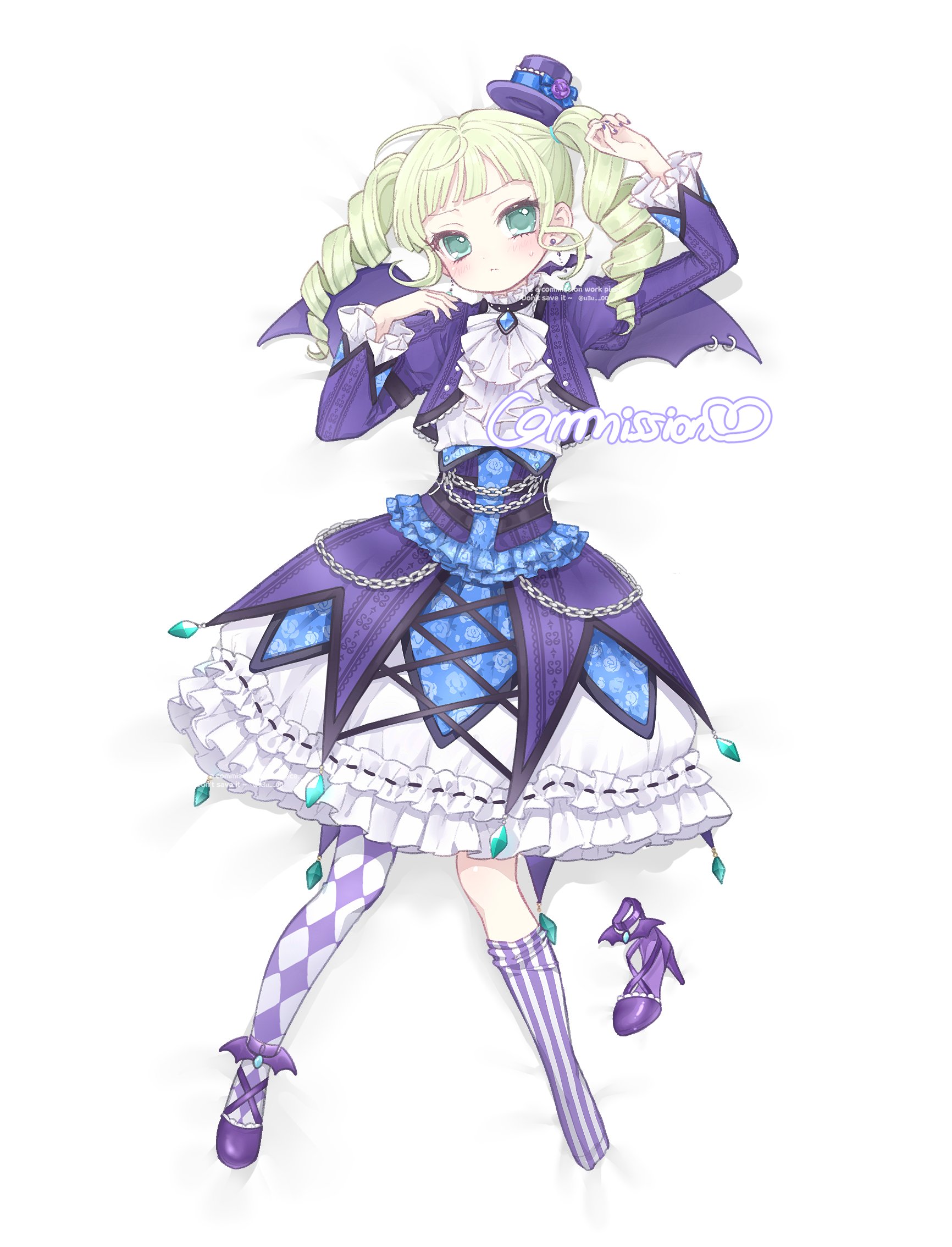 mipi (u3u 00), todo yurika, aikatsu!, aikatsu! (series), commission, highres, 1girl, argyle clothes, argyle pantyhose, ascot, asymmetrical legwear, bat earrings, blonde hair, blue eyes, chain, cropped jacket, demon wings, earrings, frilled skirt, frilled sleeves, frills, full body, hat, high heels, jacket, jewelry, juliet sleeves, long sleeves, looking at viewer, medium hair, mini hat, mini top hat, mismatched legwear, pantyhose, pleated collar, puffy sleeves, purple jacket, purple shoes, ringlets, shoes, sidelocks, simple background, skirt, solo, striped clothes, striped pantyhose, top hat, twintails, underbust, uneven legwear, white ascot, white background, wings
