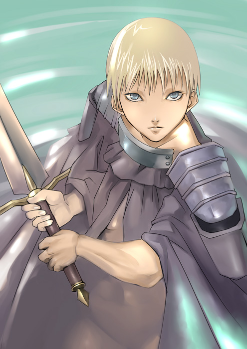 mikel (4hands), claymore (series), jean, 00s, 1girl, armor, blonde hair, blue eyes, bottomless, cape, claymore (sword), female focus, lake, short hair, solo, sword, weapon