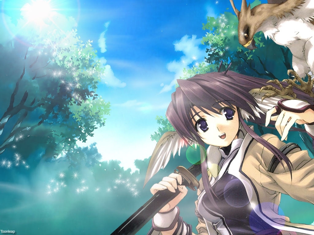 amazuyu tatsuki, touka (utawarerumono), utawarerumono, 00s, 1girl, animal ears, bird, female focus, head wings, lens flare, long hair, nature, purple hair, solo, sunlight, sword, weapon, wings