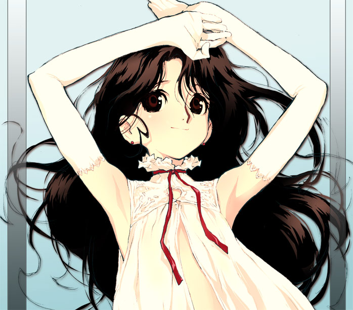 kawamura takayasu, nishimura hiroyuki, 1girl, armpits, dress, female focus, flat chest, gloves, lying, ribbon, solo
