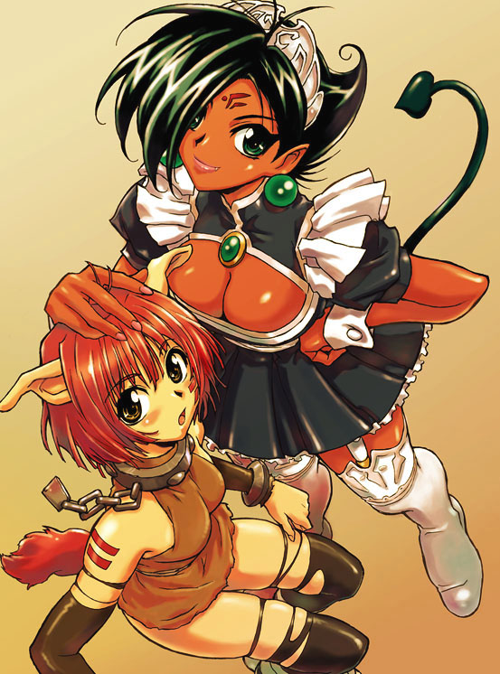 kawamura takayasu, nishimura hiroyuki, larentia, 1990s (style), 2girls, collar, dark-skinned female, dark skin, demon, dress, multiple girls, retro artstyle, tail, thighhighs