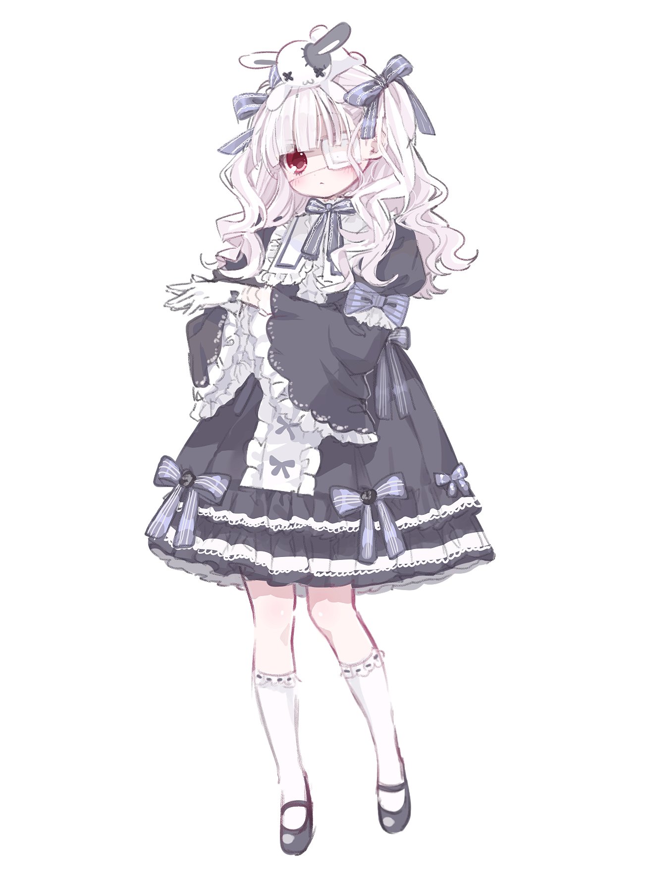 mipi (u3u 00), original, highres, 1girl, black dress, black shoes, closed mouth, dress, expressionless, eyepatch, frilled dress, frilled sleeves, frills, full body, gloves, grey hair, hair ribbon, juliet sleeves, kneehighs, lolita fashion, long hair, long sleeves, looking at viewer, mary janes, medical eyepatch, puffy sleeves, red eyes, ribbon, shoes, simple background, sleeve bow, socks, solo, stuffed animal, stuffed rabbit, stuffed toy, two side up, wavy hair, white background, white gloves, white socks, wide sleeves