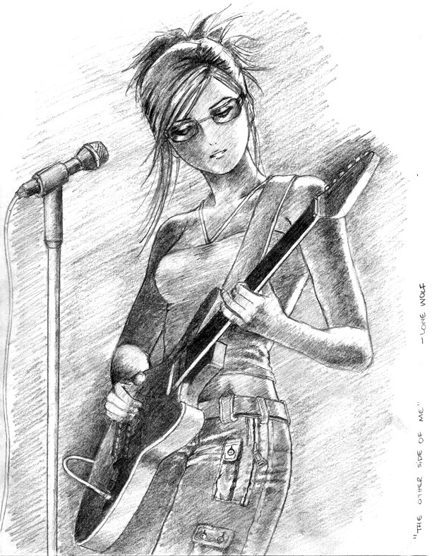 lone wolf, kuga natsuki, my-hime, 00s, glasses, greyscale, guitar, halterneck, instrument, microphone, microphone stand, monochrome, solo